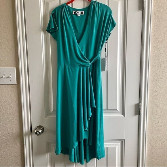 Vicky Tiel Vintage Teal Green Flutter Sleeve V-Neck Wrap Dress; SZ S; BNWT - Picture 1 of 10